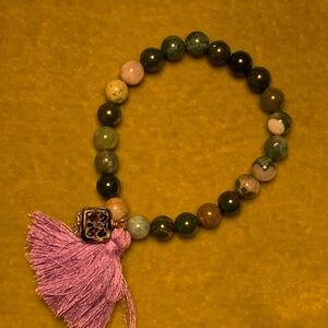 Beaded Bloodstone Bracelet with Purple Tassel - Laughing Buddha Charm